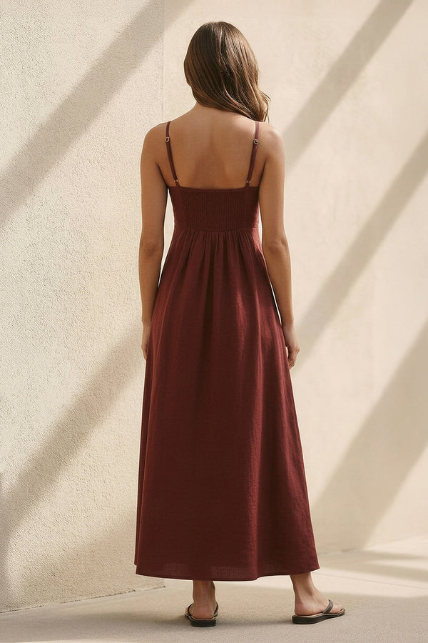 V Neck A - Line Maxi Dress in Burgundy - SHE IS ME