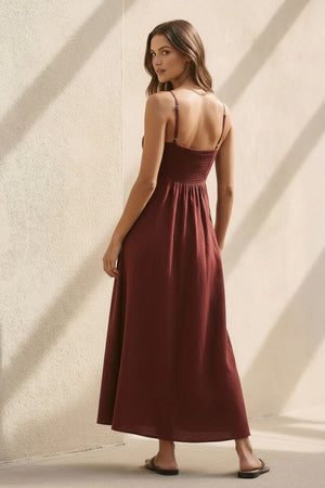 V Neck A - Line Maxi Dress in Burgundy - SHE IS ME