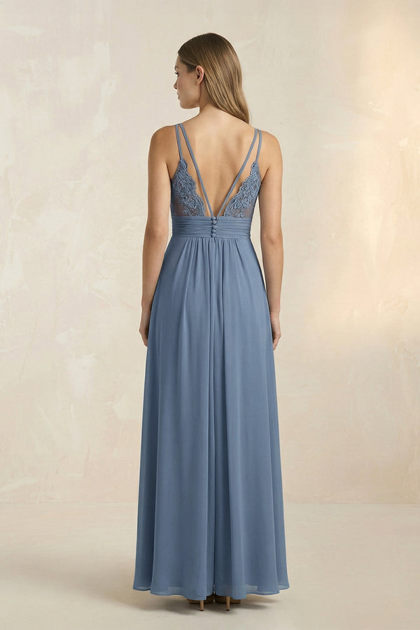 V-Neck A-Line Pleated Chiffon Bridesmaid Dress in Neptune - SHE IS ME BRIDESMAID DRESSES