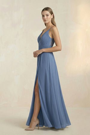 V-Neck A-Line Pleated Chiffon Bridesmaid Dress in Neptune - SHE IS ME BRIDESMAID DRESSES