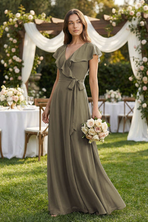 V - Neck A - Line Ruffled Chiffon Bridesmaid Dress With Bow in Willow Green - SHE IS ME Bridesmaid Dresses