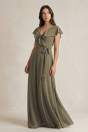 V - Neck A - Line Ruffled Chiffon Bridesmaid Dress With Bow in Willow Green - SHE IS ME Bridesmaid Dresses