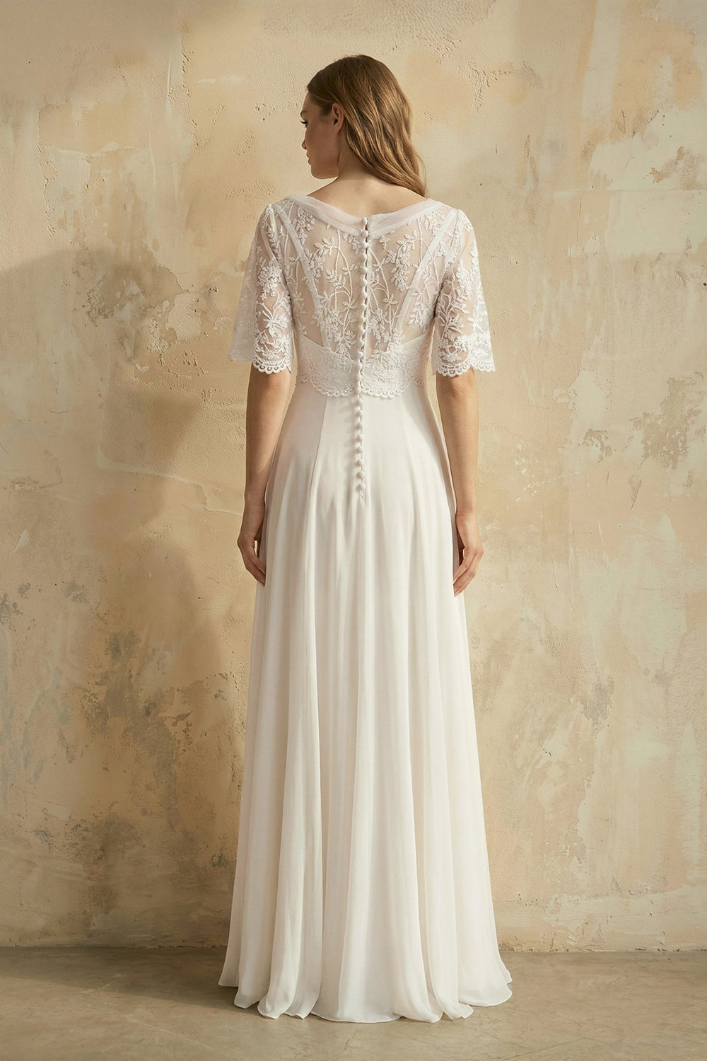 V Neck A Line Short Sleeves Chiffon Wedding Dress in Ivory - SHE IS ME Wedding Dresses