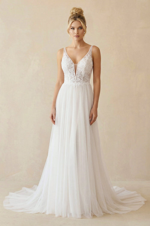 V Neck A Line Tulle Wedding Dress With Appliques - SHE IS ME Wedding Dresses