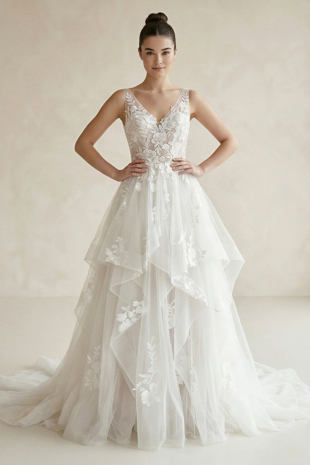 V - Neck Appliqued Organza A - Line Wedding Dress in White - SHE IS ME Wedding Dresses