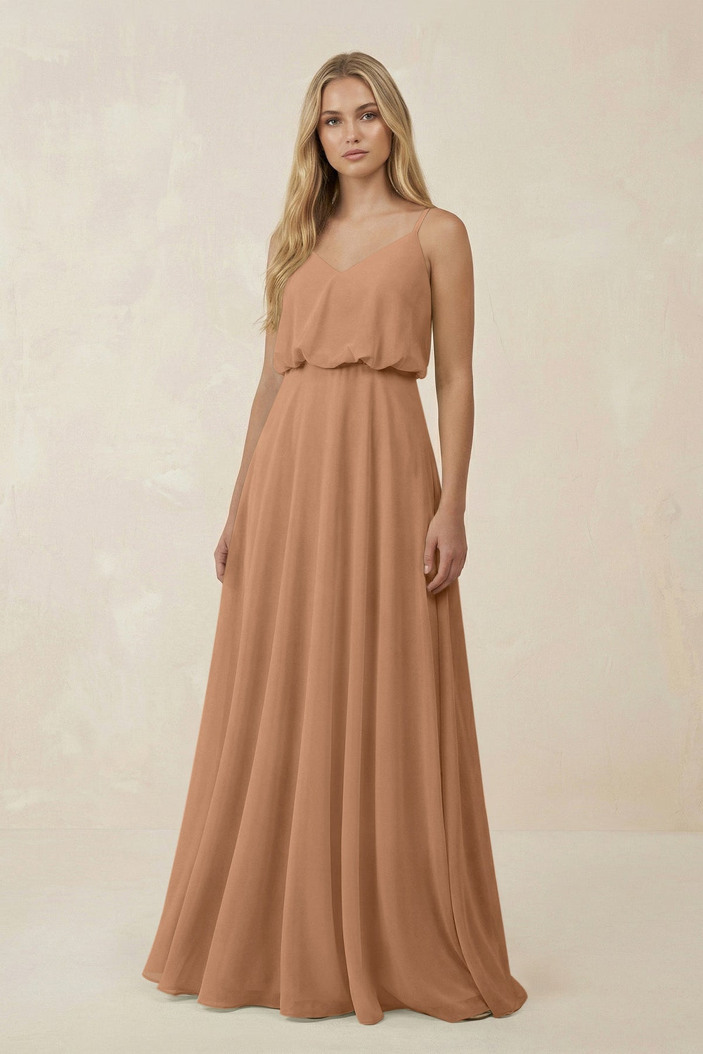 V - Neck Blouson A - Line Chiffon Bridesmaid Dress in Bronzer - SHE IS ME Bridesmaid Dresses