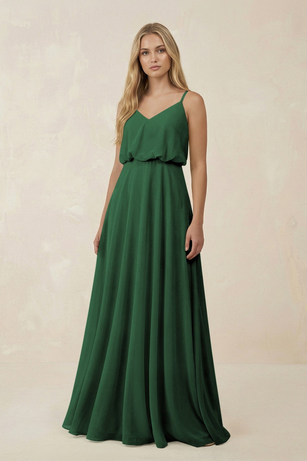 V - Neck Blouson A - Line Chiffon Bridesmaid Dress in Dark Green - SHE IS ME Bridesmaid Dresses