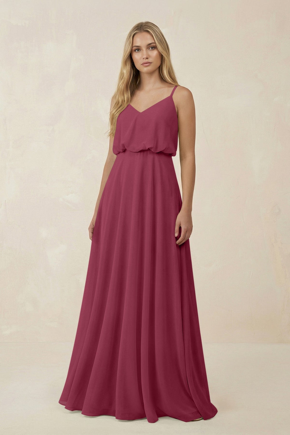 V - Neck Blouson A - Line Chiffon Bridesmaid Dress in Desert Rose - SHE IS ME Bridesmaid Dresses