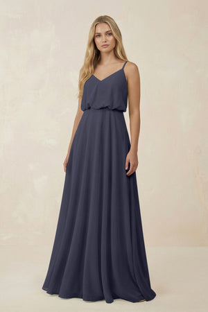 V - Neck Blouson A - Line Chiffon Bridesmaid Dress in Dusk Blue - SHE IS ME Bridesmaid Dresses