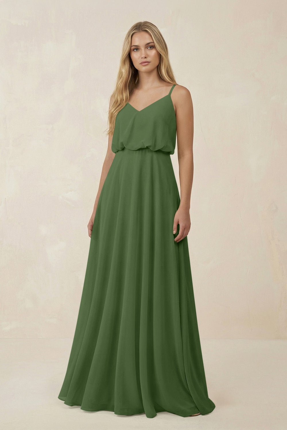 V - Neck Blouson A - Line Chiffon Bridesmaid Dress in Moss - SHE IS ME Bridesmaid Dresses