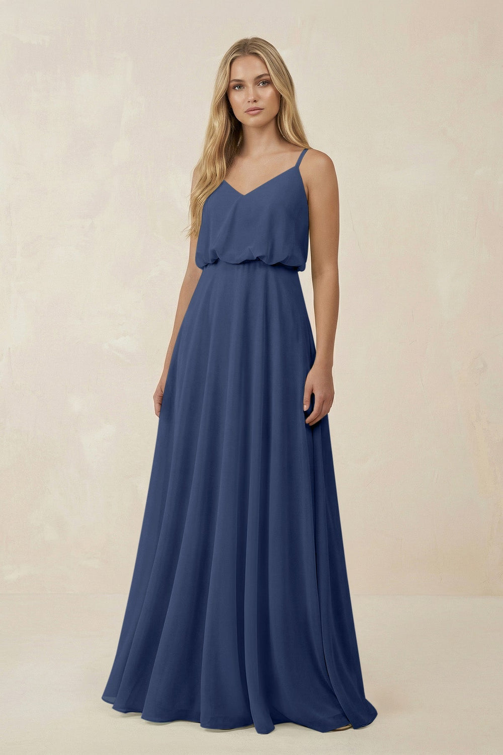V - Neck Blouson A - Line Chiffon Bridesmaid Dress in Navy - SHE IS ME Bridesmaid Dresses