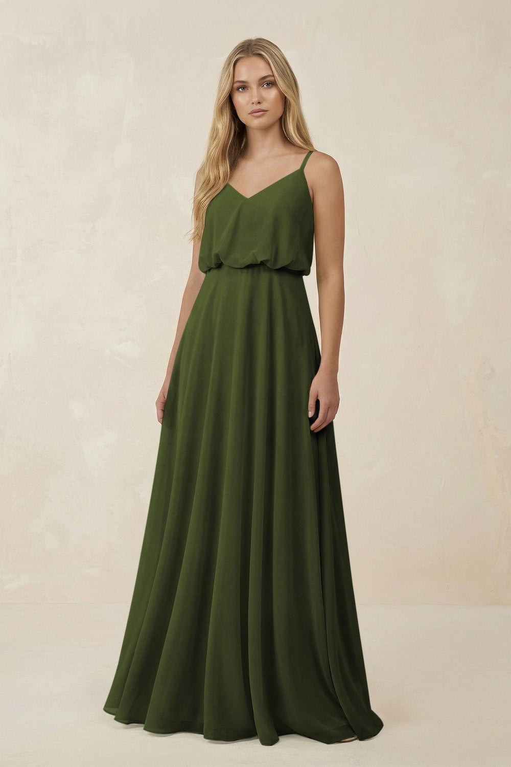 V - Neck Blouson A - Line Chiffon Bridesmaid Dress in Olive - SHE IS ME Bridesmaid Dresses