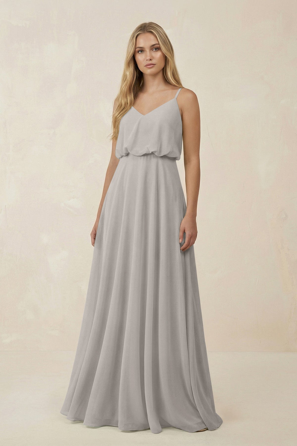 V - Neck Blouson A - Line Chiffon Bridesmaid Dress in Silver - SHE IS ME Bridesmaid Dresses