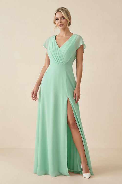 V-Neck Cap Sleeve Chiffon Bridesmaid Dress with Cut-out Back in Pale Pistachio - SHE IS ME BRIDESMAID DRESSES