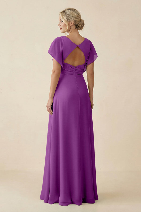 V - Neck Cap Sleeve Chiffon Bridesmaid Dress with Cut - out Back in Amethyst - SHE IS ME Bridesmaid Dresses