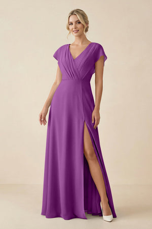 V - Neck Cap Sleeve Chiffon Bridesmaid Dress with Cut - out Back in Amethyst - SHE IS ME Bridesmaid Dresses