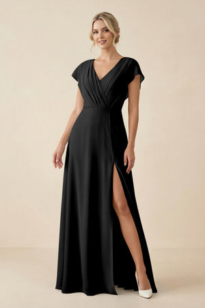 V - Neck Cap Sleeve Chiffon Bridesmaid Dress with Cut - out Back in Black - SHE IS ME Bridesmaid Dresses