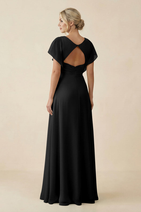 V - Neck Cap Sleeve Chiffon Bridesmaid Dress with Cut - out Back in Black - SHE IS ME Bridesmaid Dresses