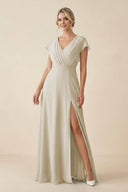 V - Neck Cap Sleeve Chiffon Bridesmaid Dress with Cut - out Back in Dove Gray - SHE IS ME Bridesmaid Dresses