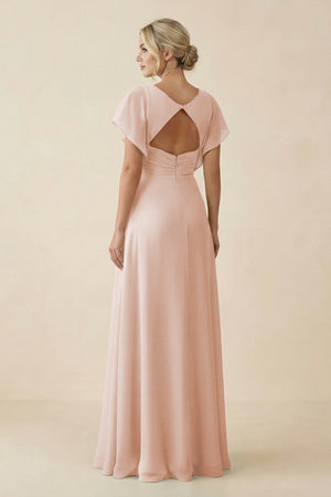 V - Neck Cap Sleeve Chiffon Bridesmaid Dress with Cut - out Back in Pale Blush - SHE IS ME Bridesmaid Dresses