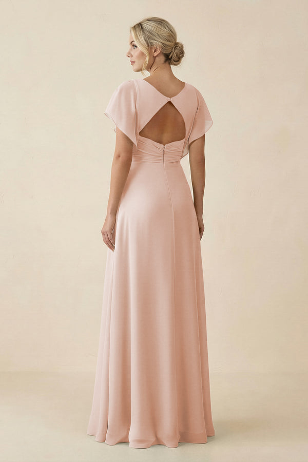 V - Neck Cap Sleeve Chiffon Bridesmaid Dress with Cut - out Back in Pale Blush - SHE IS ME Bridesmaid Dresses