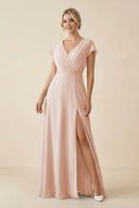 V - Neck Cap Sleeve Chiffon Bridesmaid Dress with Cut - out Back in Pale Blush - SHE IS ME Bridesmaid Dresses