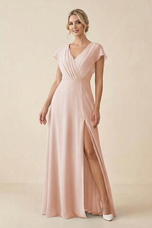 V - Neck Cap Sleeve Chiffon Bridesmaid Dress with Cut - out Back in Pale Blush - SHE IS ME Bridesmaid Dresses