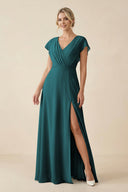V - Neck Cap Sleeve Chiffon Bridesmaid Dress with Cut - out Back in Pine - SHE IS ME Bridesmaid Dresses