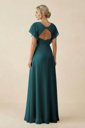 V - Neck Cap Sleeve Chiffon Bridesmaid Dress with Cut - out Back in Pine - SHE IS ME Bridesmaid Dresses