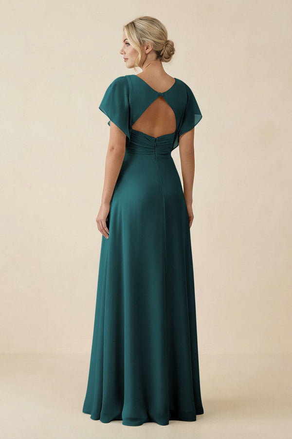 V - Neck Cap Sleeve Chiffon Bridesmaid Dress with Cut - out Back in Pine - SHE IS ME Bridesmaid Dresses