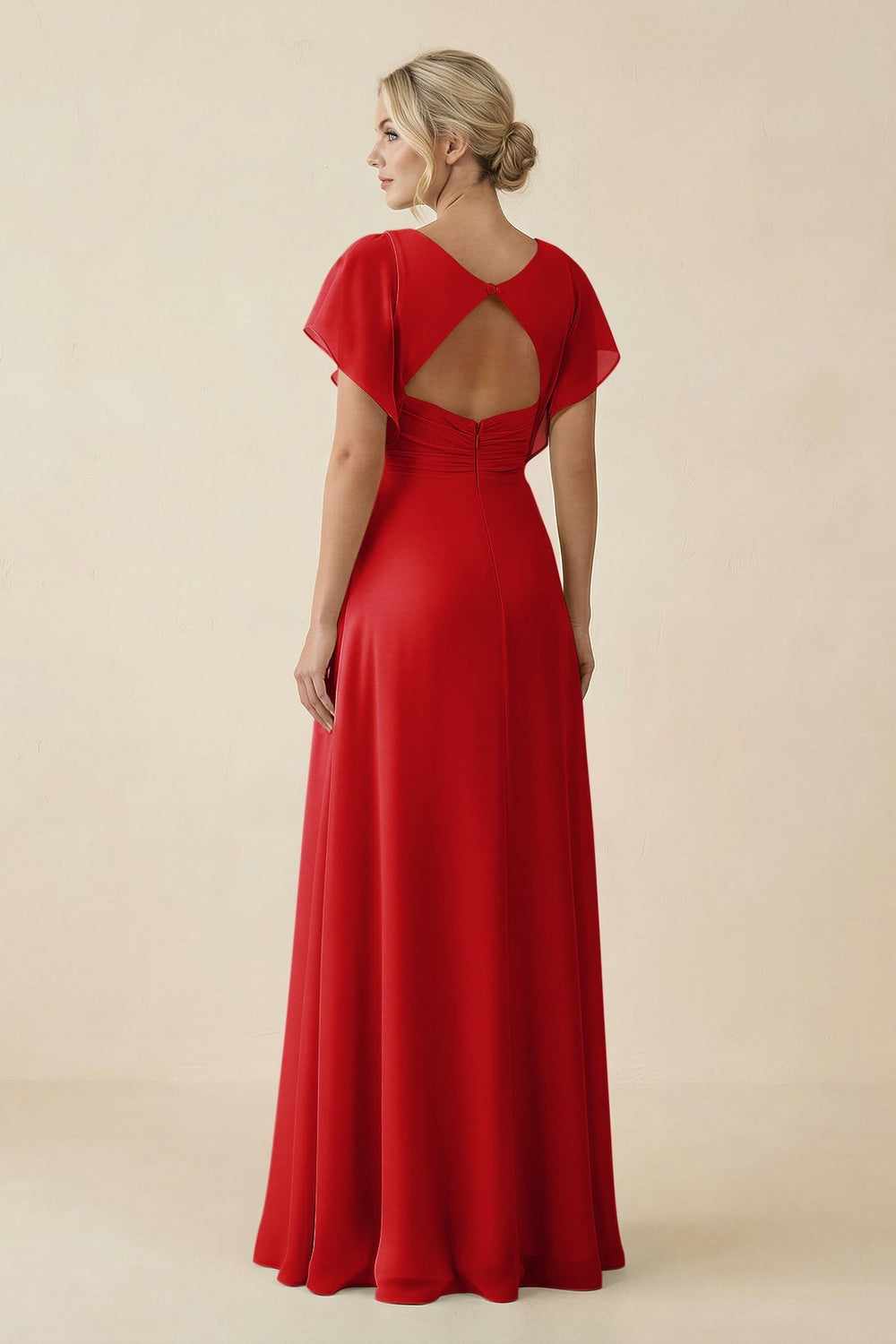 V - Neck Cap Sleeve Chiffon Bridesmaid Dress with Cut - out Back in Ruby Red - SHE IS ME Bridesmaid Dresses