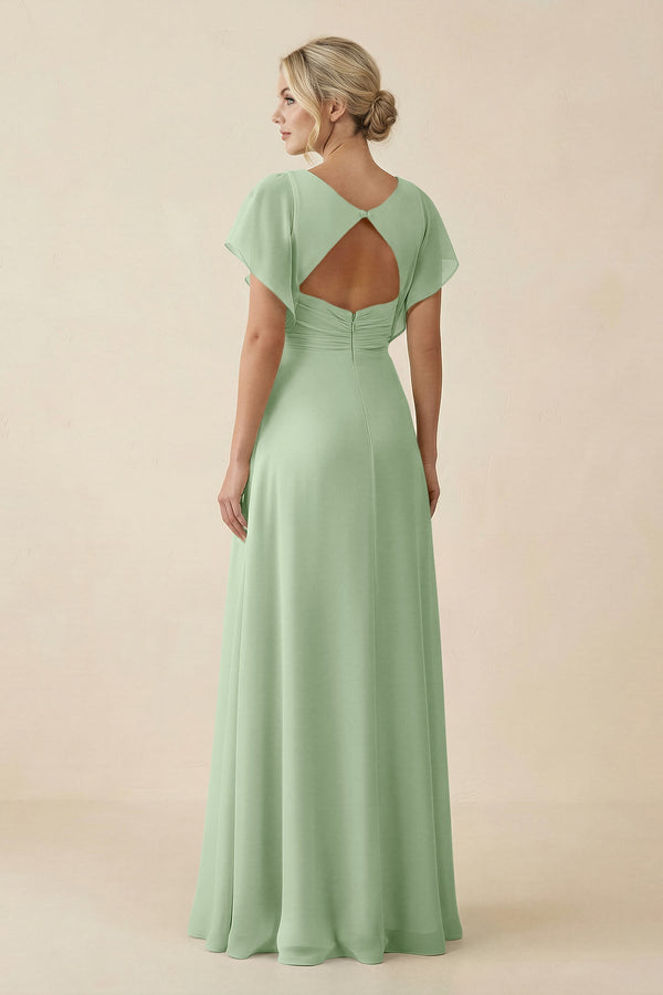 V - Neck Cap Sleeve Chiffon Bridesmaid Dress with Cut - out Back in Sage - SHE IS ME Bridesmaid Dresses