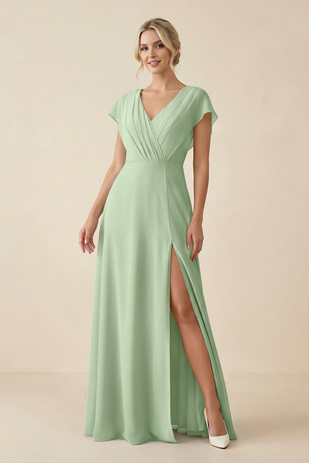 V - Neck Cap Sleeve Chiffon Bridesmaid Dress with Cut - out Back in Sage - SHE IS ME Bridesmaid Dresses