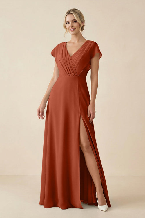 V - Neck Cap Sleeve Chiffon Bridesmaid Dress with Cut - out Back in Spice - SHE IS ME Bridesmaid Dresses