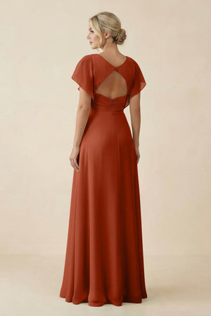 V - Neck Cap Sleeve Chiffon Bridesmaid Dress with Cut - out Back in Spice - SHE IS ME Bridesmaid Dresses