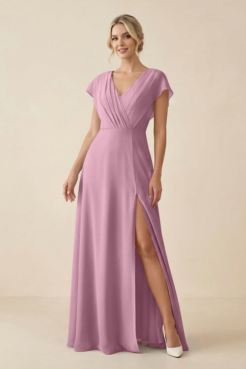 V - Neck Cap Sleeve Chiffon Bridesmaid Dress with Cut - out Back in Vintage Mauve - SHE IS ME Bridesmaid Dresses