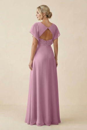 V - Neck Cap Sleeve Chiffon Bridesmaid Dress with Cut - out Back in Vintage Mauve - SHE IS ME Bridesmaid Dresses