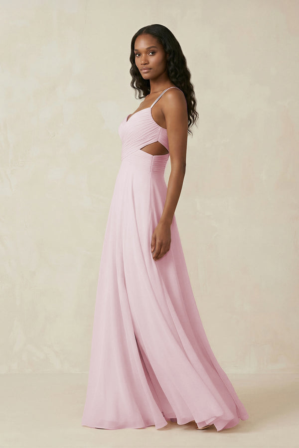 V - Neck Chiffon A - Line Cut - Out Bridesmaid Dress in Pale Blush - SHE IS ME Bridesmaid Dresses