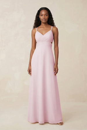 V - Neck Chiffon A - Line Cut - Out Bridesmaid Dress in Pale Blush - SHE IS ME Bridesmaid Dresses