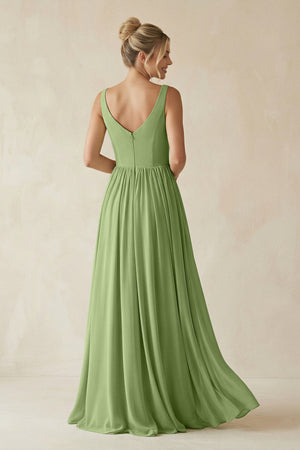 V - Neck Chiffon A - Line Long Bridesmaid Dress in Matcha - SHE IS ME Bridesmaid Dresses