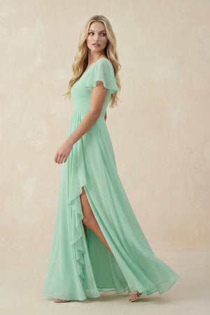 V-Neck Flutter Sleeve A-Line Chiffon Bridesmaid Dress in Pale Pistachio - SHE IS ME BRIDESMAID DRESSES