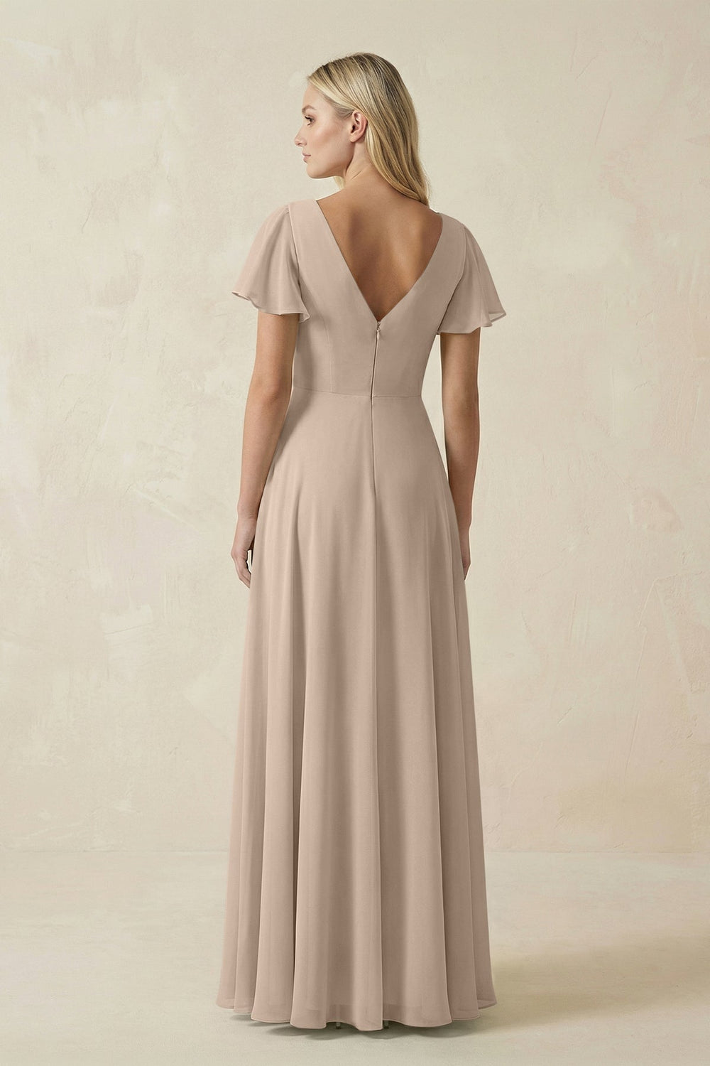 V - Neck Flutter Sleeve A - Line Chiffon Bridesmaid Dress in Almond - SHE IS ME Bridesmaid Dresses