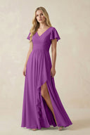 V - Neck Flutter Sleeve A - Line Chiffon Bridesmaid Dress in Amethyst - SHE IS ME Bridesmaid Dresses
