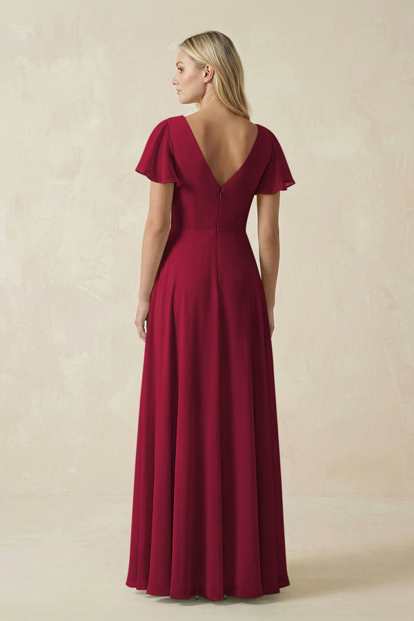 V - Neck Flutter Sleeve A - Line Chiffon Bridesmaid Dress in Berry - SHE IS ME Bridesmaid Dresses
