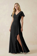 V - Neck Flutter Sleeve A - Line Chiffon Bridesmaid Dress in Black - SHE IS ME Bridesmaid Dresses