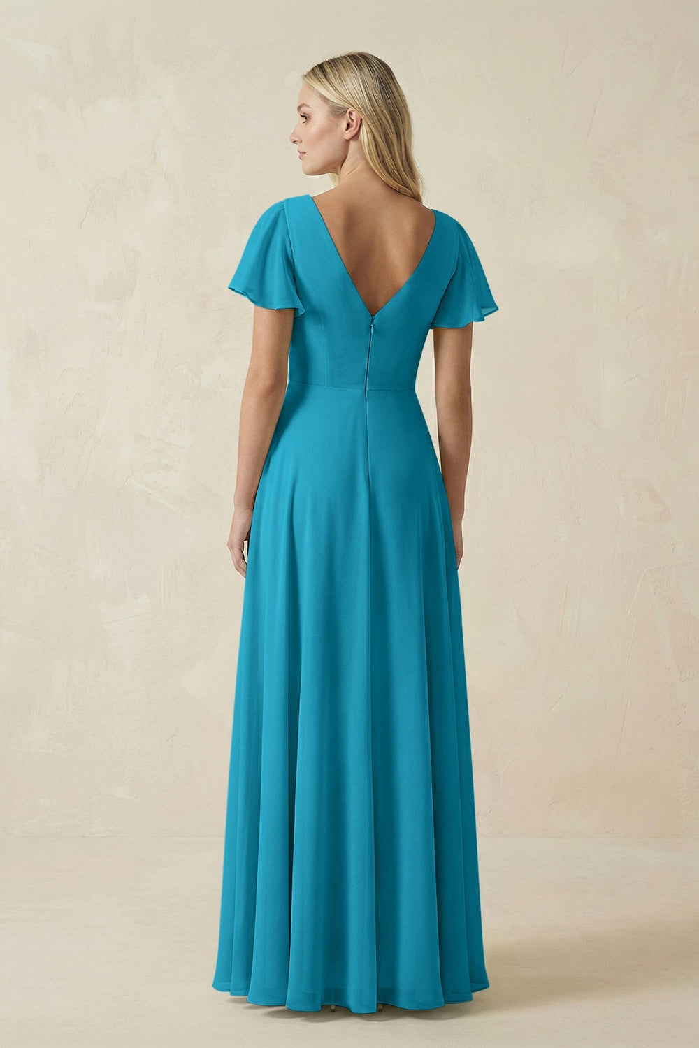 V - Neck Flutter Sleeve A - Line Chiffon Bridesmaid Dress in Blue Jay - SHE IS ME Bridesmaid Dresses