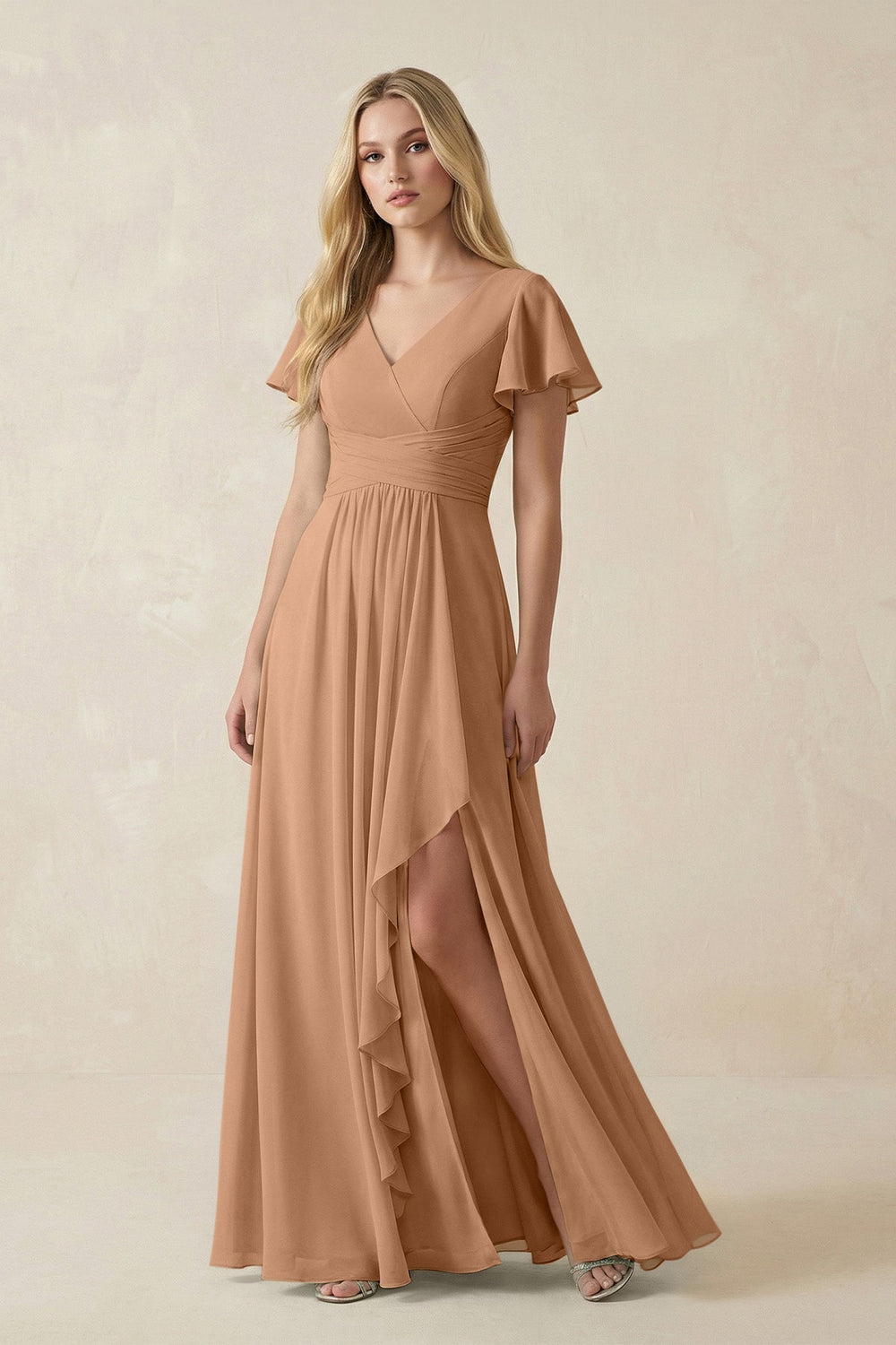 V - Neck Flutter Sleeve A - Line Chiffon Bridesmaid Dress in Bronzer - SHE IS ME Bridesmaid Dresses