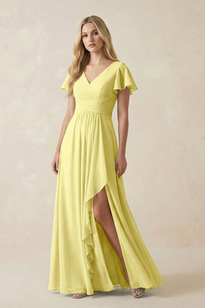 V - Neck Flutter Sleeve A - Line Chiffon Bridesmaid Dress in Buttercup - SHE IS ME Bridesmaid Dresses