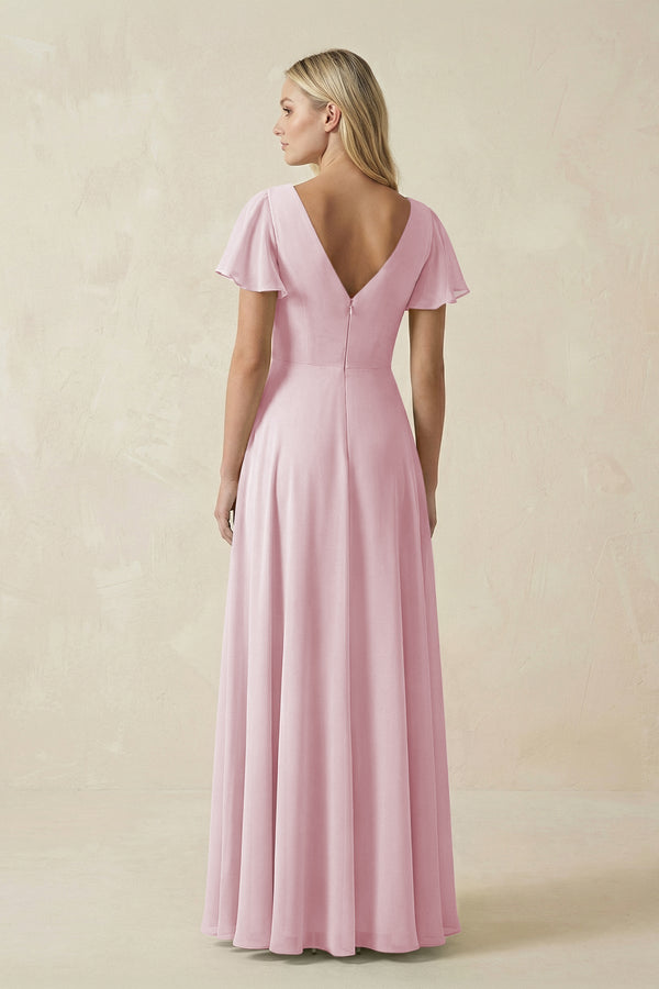 V - Neck Flutter Sleeve A - Line Chiffon Bridesmaid Dress in Candy Pink - SHE IS ME Bridesmaid Dresses