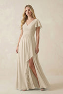 V - Neck Flutter Sleeve A - Line Chiffon Bridesmaid Dress in Champagne - SHE IS ME Bridesmaid Dresses